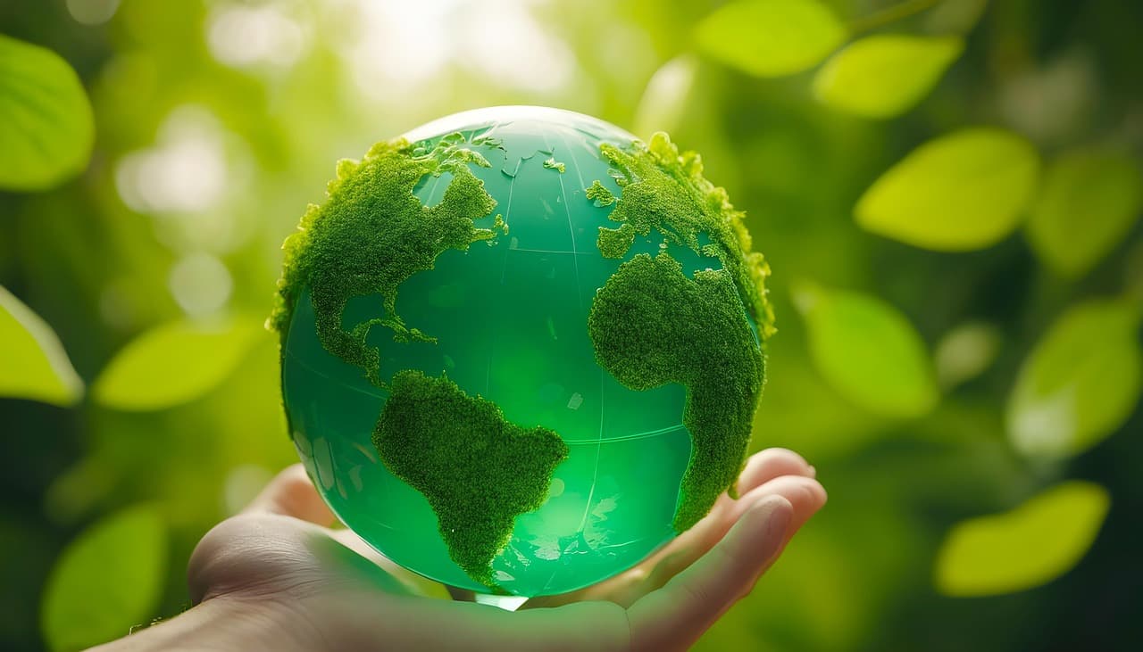 A hand holding a green planet Earth